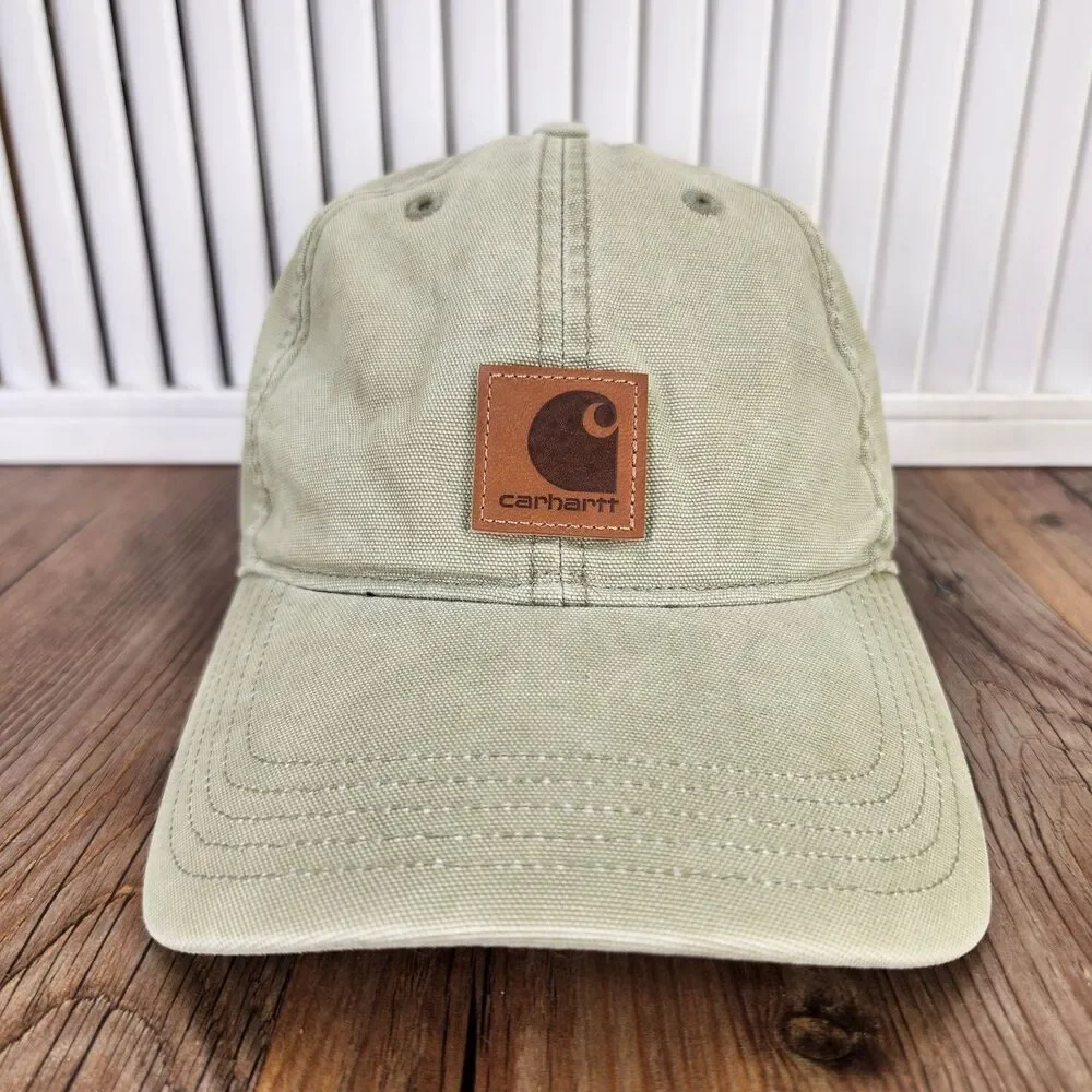 Carhartt Canvas Dad Hat Leather Patch Strapback Green Workwear Cap Casual Adult